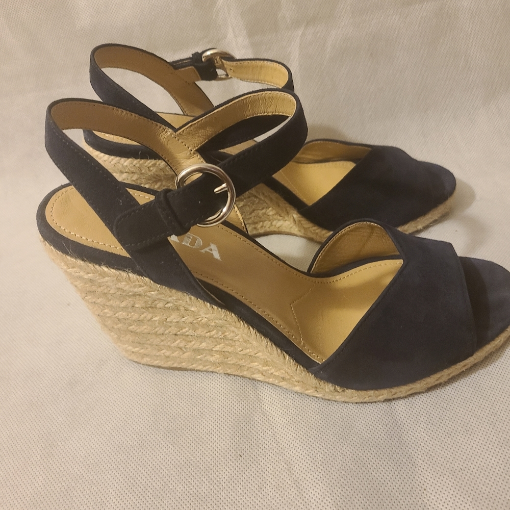 Prada Women's Suede Espadrille Wedge Sandals in Blue Suede - Picture 6 of 8